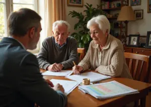 Пожилая пара обсуждает пенсионные планы с финансовым консультантом дома