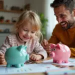 Ребенок играет в обучающие игры с деньгами вместе с родителем дома