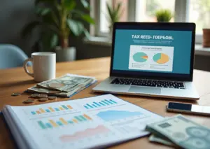 Современный домашний офис с приложением для регистрации самозанятых, рублевые монеты и купюры, семейный бюджет и графики финансов