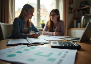 Семья за столом с ноутбуком, калькулятором и папкой с надписью ИПП — планирование пенсионных накоплений в домашних условиях