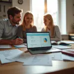 Семья за столом с ноутбуком, на экране которого виден отчёт о кредитной истории на русском; рядом паспорта, квитанции и рубли