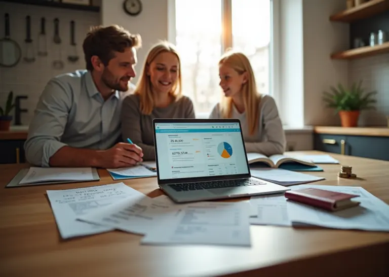 Семья за столом с ноутбуком, на экране которого виден отчёт о кредитной истории на русском; рядом паспорта, квитанции и рубли