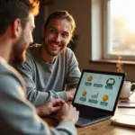 Семья за столом с ноутбуком и иконками пассивного дохода на экране, символизирующая автоматизацию финансов