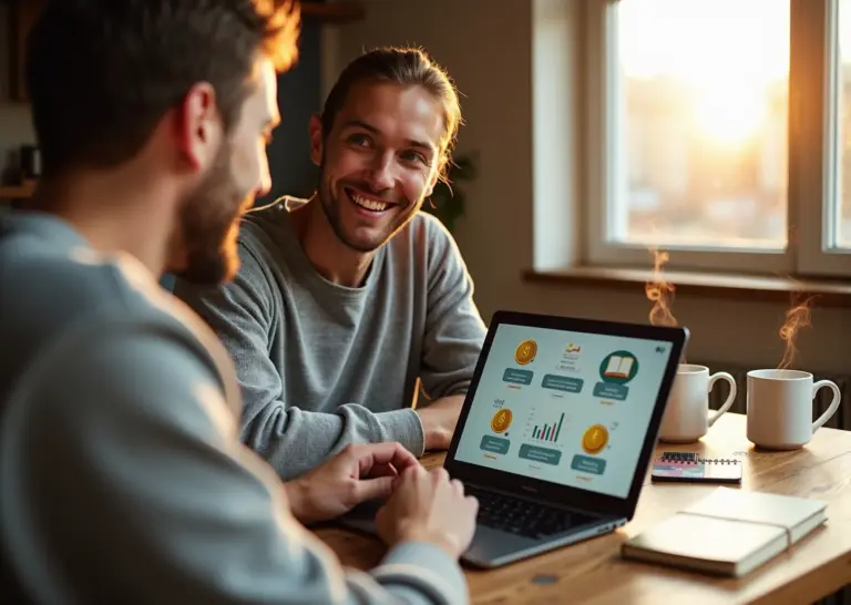 Семья за столом с ноутбуком и иконками пассивного дохода на экране, символизирующая автоматизацию финансов