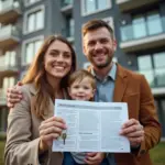 Молодая семья с ключами и документами на фоне новостройки в городской среде