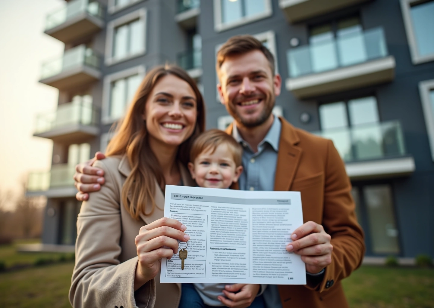 Молодая семья с ключами и документами на фоне новостройки в городской среде