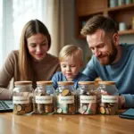 Семья за столом раскладывает шесть кувшинов с рублями и пометками для бюджета