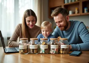 Семья за столом раскладывает шесть кувшинов с рублями и пометками для бюджета