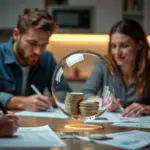 Российская семья обсуждает семейный бюджет за столом под визуально изображённым прозрачным «стеклянным потолком», на столе бумаги, графики и рубли