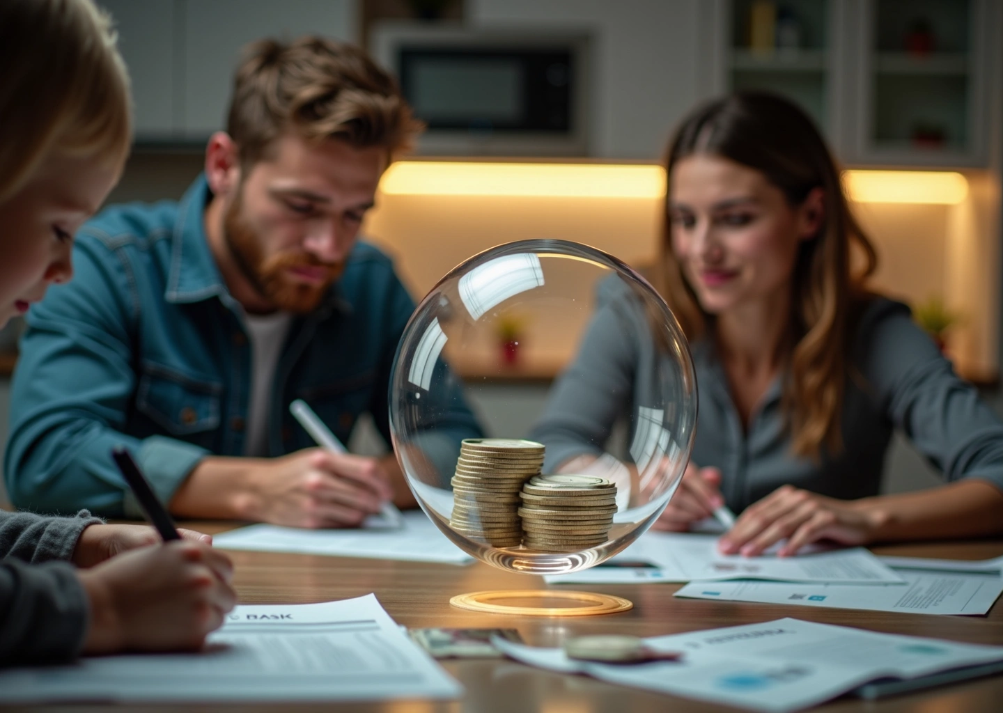 Российская семья обсуждает семейный бюджет за столом под визуально изображённым прозрачным «стеклянным потолком», на столе бумаги, графики и рубли