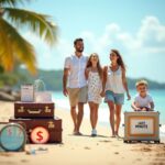 Счастливая семья на отдыхе рядом с визуальными символами раннего бронирования и горящих туров, изображающими выбор между безопасностью и выгодой