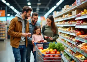 счастливая семья покупает в супермаркете используя карты лояльности и акции для экономии