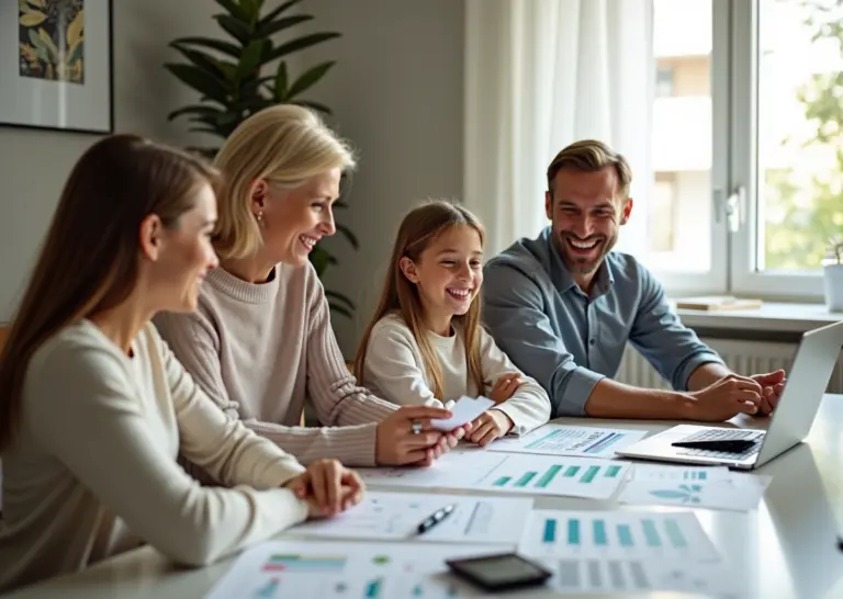 Счастливая российская семья ведет семейный бюджет, рассматривая финансовые документы и используя калькулятор