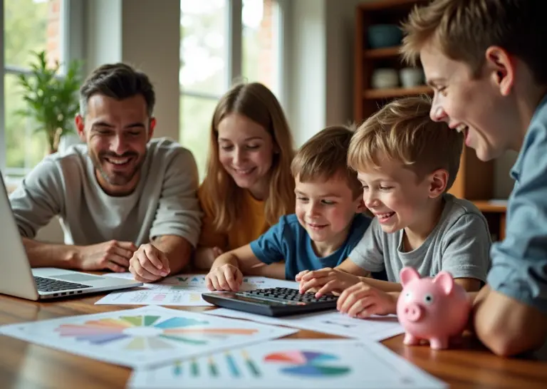Семья за столом занимается планированием бюджета с помощью ноутбука и калькулятора, символы экономии и финансового планирования на столе