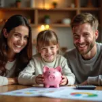 Семья в России обсуждает карманные деньги ребенка за столом дома с копилкой и монетами