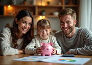 Семья в России обсуждает карманные деньги ребенка за столом дома с копилкой и монетами