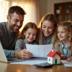 Счастливая российская семья рассматривает финансовые документы по ипотеке и налоговому вычету дома