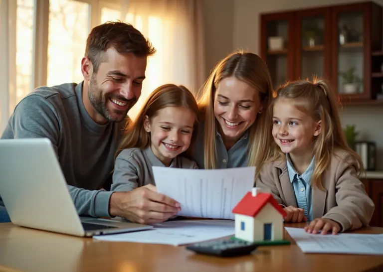 Счастливая российская семья рассматривает финансовые документы по ипотеке и налоговому вычету дома