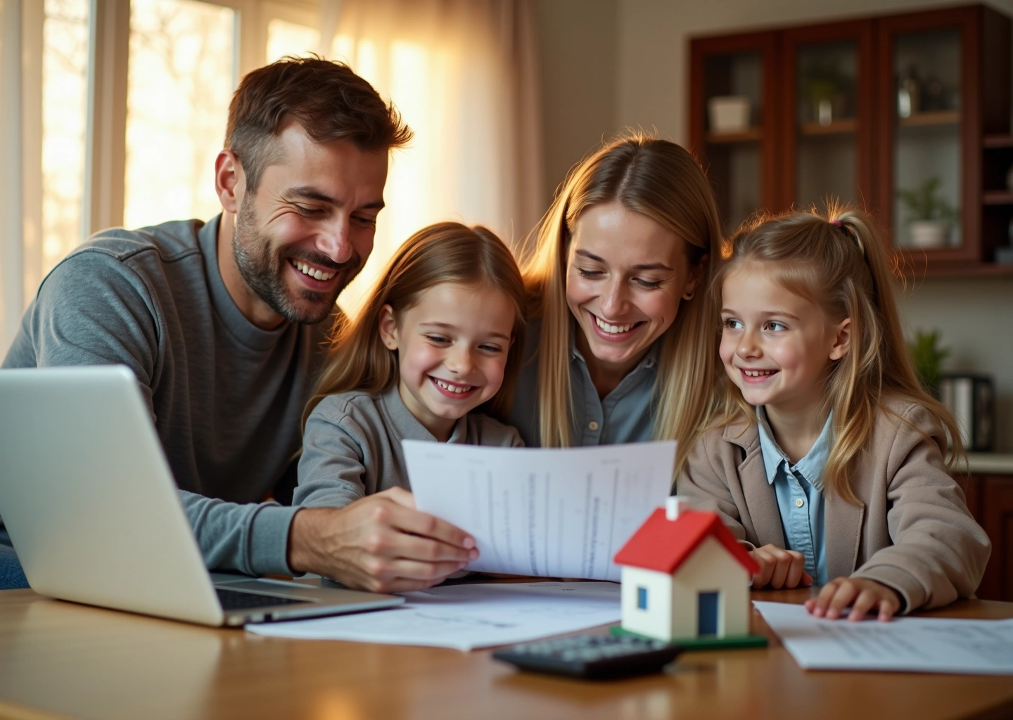 Счастливая российская семья рассматривает финансовые документы по ипотеке и налоговому вычету дома