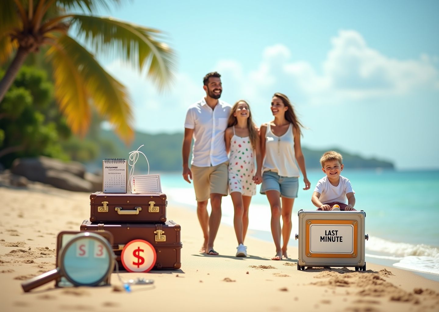 Счастливая семья на отдыхе рядом с визуальными символами раннего бронирования и горящих туров, изображающими выбор между безопасностью и выгодой